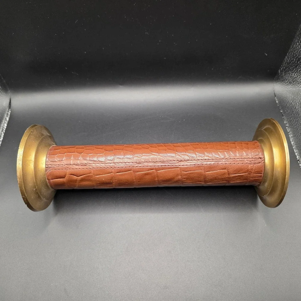 Vintage Brass and Brown Crocodile Leather Pillar Candle Holder Multiple Size 11